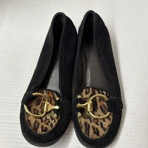 Stuart Weitzman Black and Leopard Print Suede and Calf Hair Flats Size 6.5